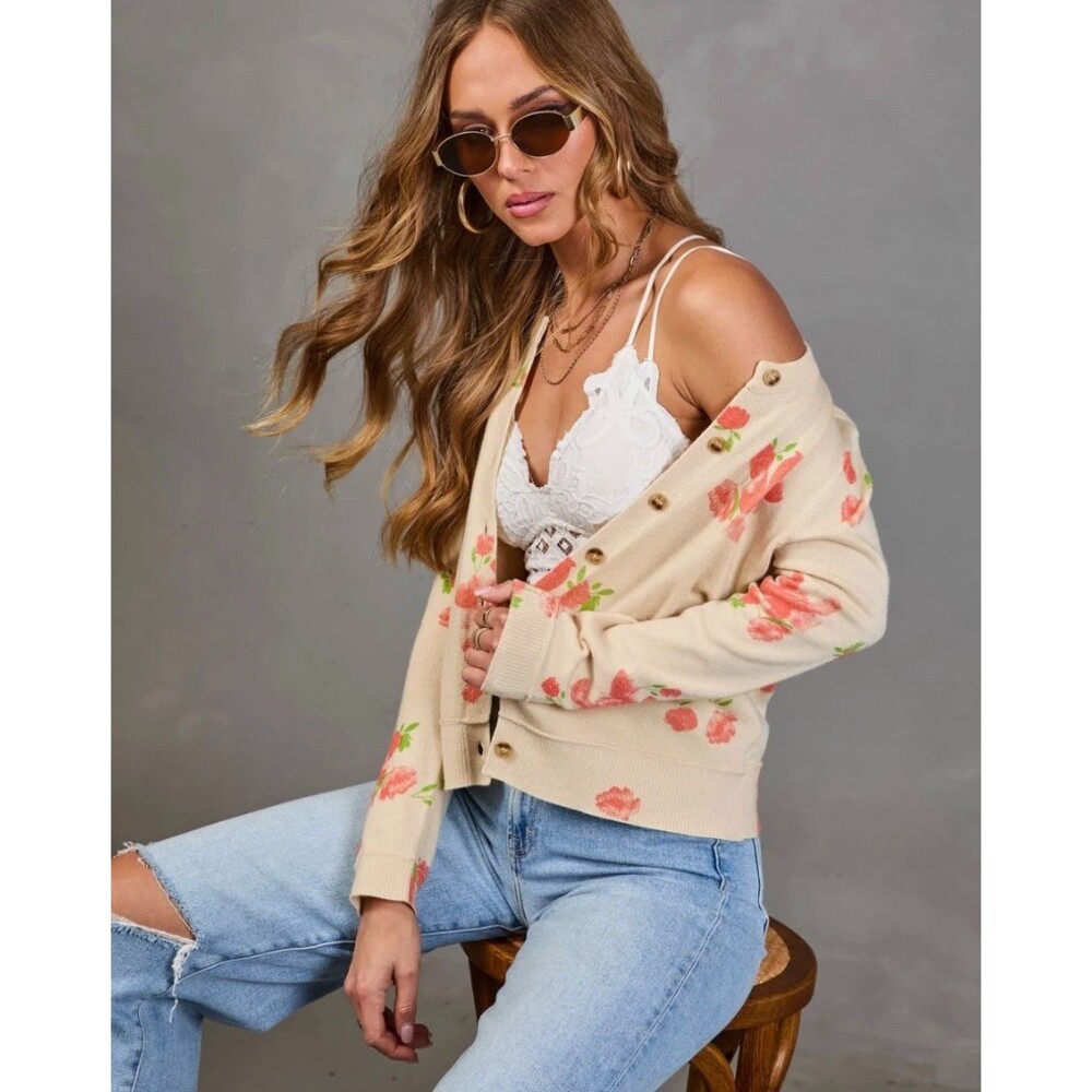 VICI Saddle Rose Knit Floral Cardigan Small Cream Coral Button Front Long Sleeve - Picture 2 of 15